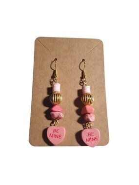 Pink Beaded Dangle Earrings Be Mine Drop Heart Charms Valentines Hook Jewelry